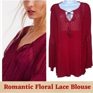 Boho Floral Lace Blouse Tassel Fringe Tie Long Sleeve Crimson Red Womens Size 2X